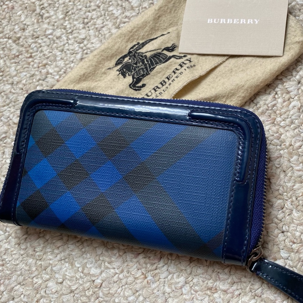 Burberry Blue Check Coated Canvas and Patent Leather Zip Around Wallet